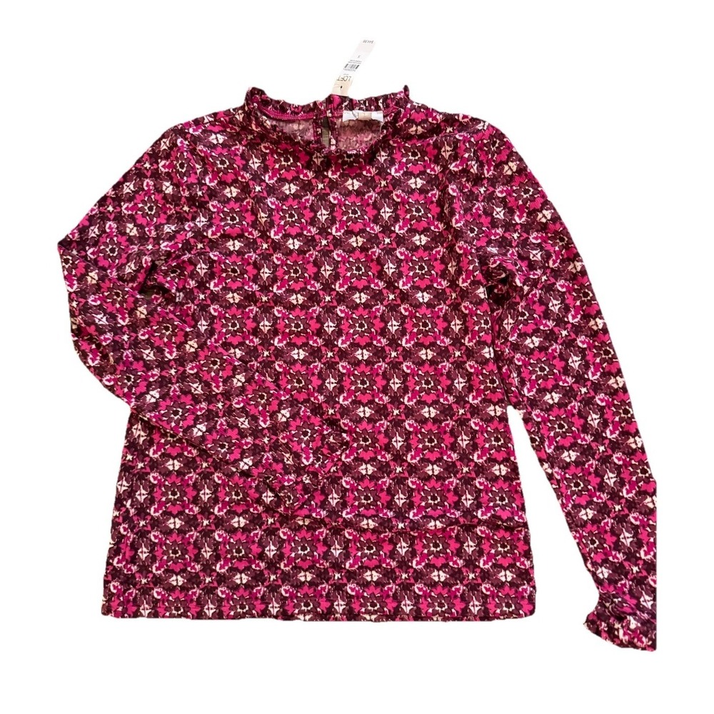 NWT LOFT Womens Blouse S Purple Pink Ruffled Neck Floral Ruffled Long Sleeve NEW